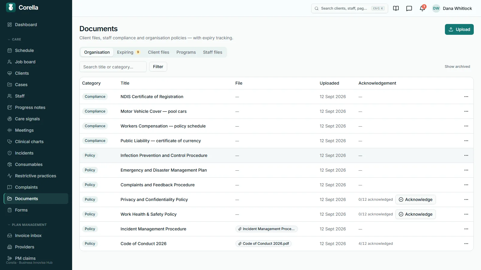 The Documents screen on the NDIS demo, Organisation tab: compliance certificates and policies with their upload dates, an Expiring tab showing 9, and an Acknowledgement column reading 0/12 acknowledged on two policies and 4/12 acknowledged on the 2026 code of conduct.