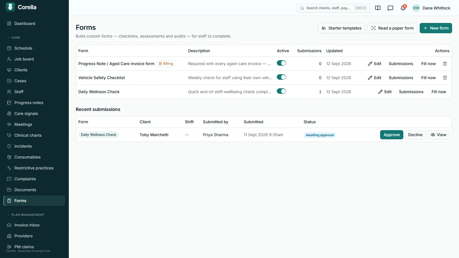 Forms in Corella, with submitted and approved shift forms