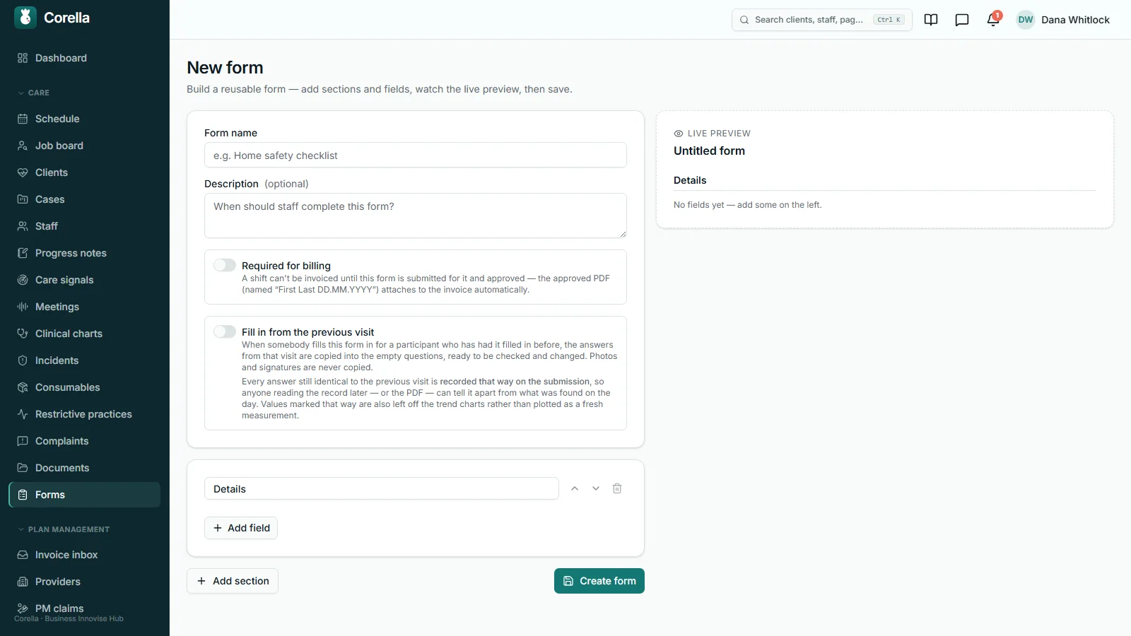 The New form screen: a form name and description, a Required for billing switch explaining that the approved PDF, named First Last DD.MM.YYYY, attaches to the invoice, a Fill in from the previous visit switch, and an empty live preview.