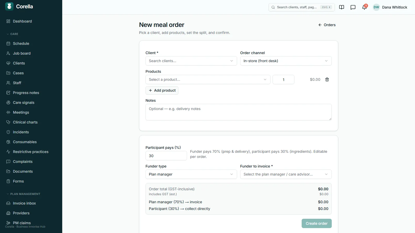 Corella's new meal order form: client and order channel, a product line with quantity, a notes box, then the percentage the participant pays, the funder type and the funder to invoice, with the total, GST and both shares previewed