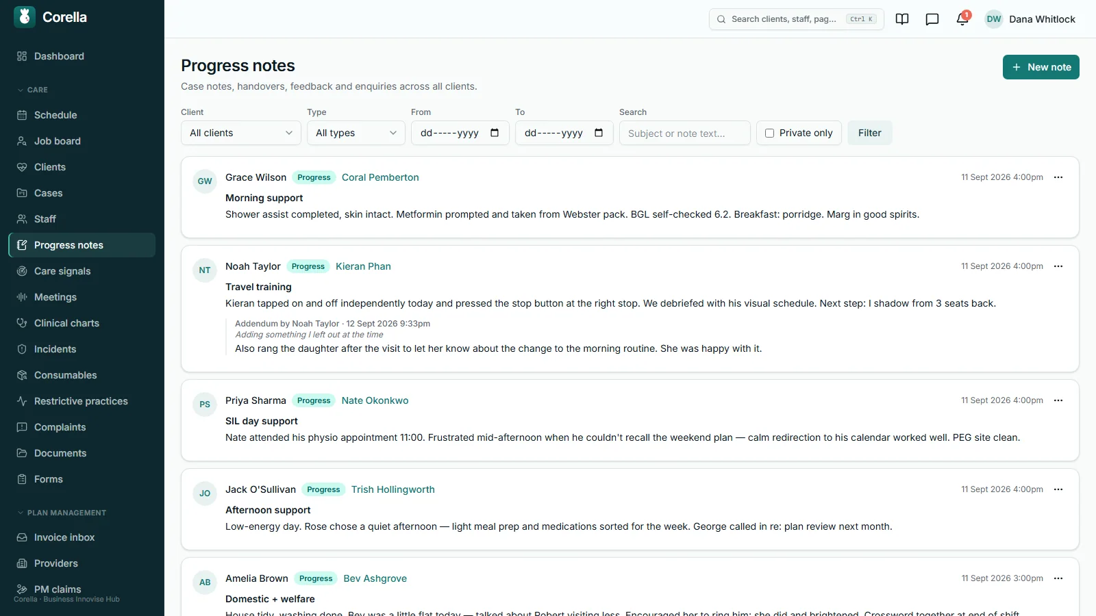 Progress notes in Corella, listed by participant and shift