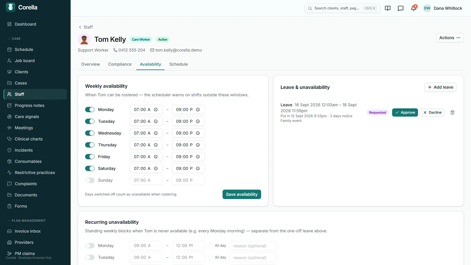 A staff member's Availability tab: weekly availability with a switch and a time window for each day and Sunday switched off, a leave request with Approve and Decline buttons, and a recurring unavailability section below
