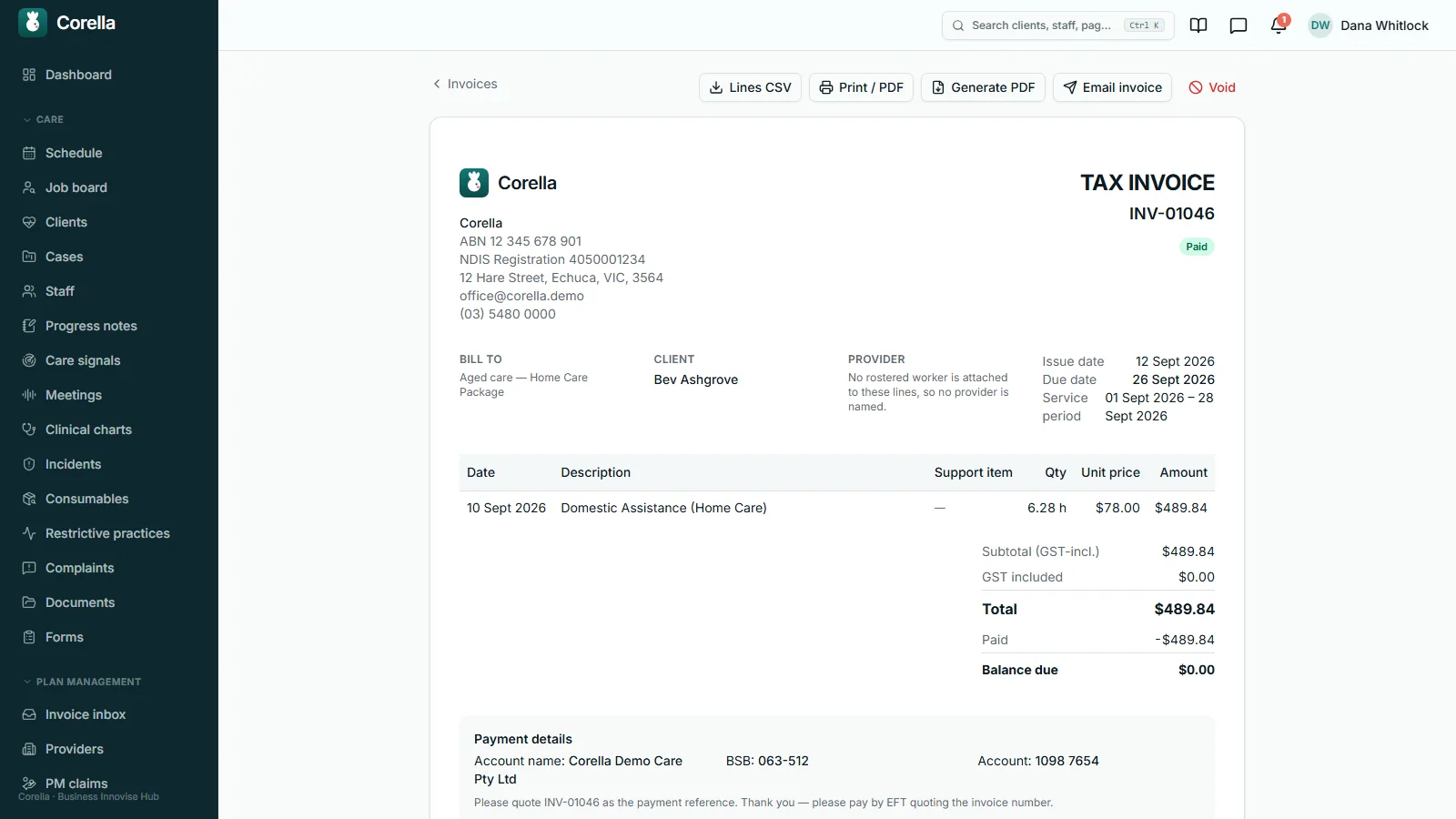 A printable tax invoice: the provider's ABN, NDIS registration number and address, the bill-to and client, issue and due dates and service period, a domestic assistance line with quantity, unit price and amount, a GST-inclusive subtotal, the amount paid, the balance due and bank payment details.