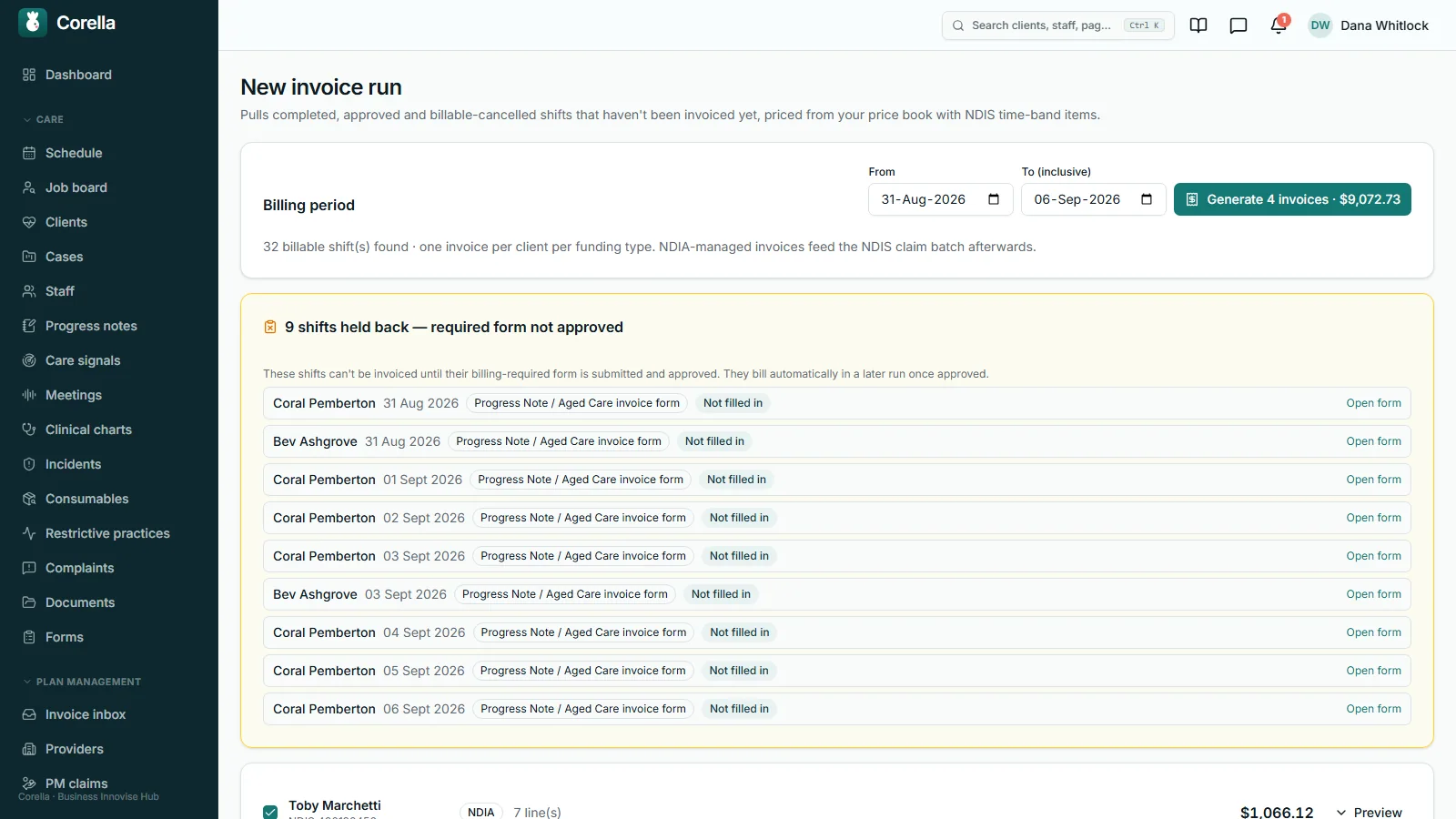 A new invoice run for 31 August to 6 September 2026: 32 billable shifts found, one invoice per client per funding type, and a panel of nine shifts held back because their required aged-care invoice form is not filled in yet, each with an Open form link.