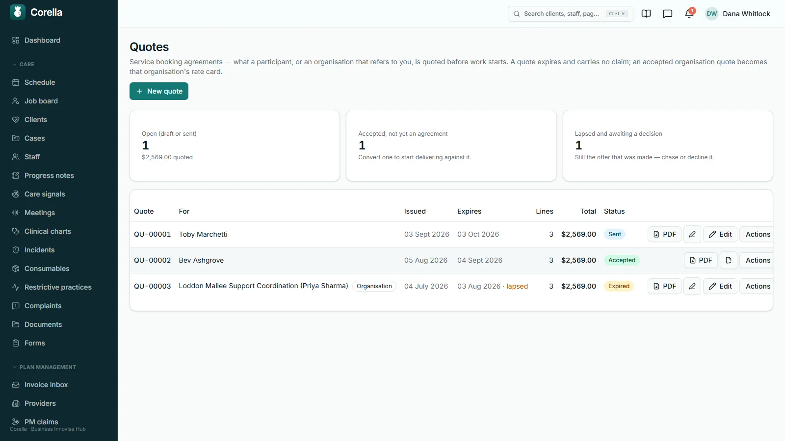 The Quotes list: tiles for one open quote, one accepted but not yet an agreement and one lapsed awaiting a decision, above three numbered quotes with issue and expiry dates, line counts, totals and a sent, accepted or expired status.