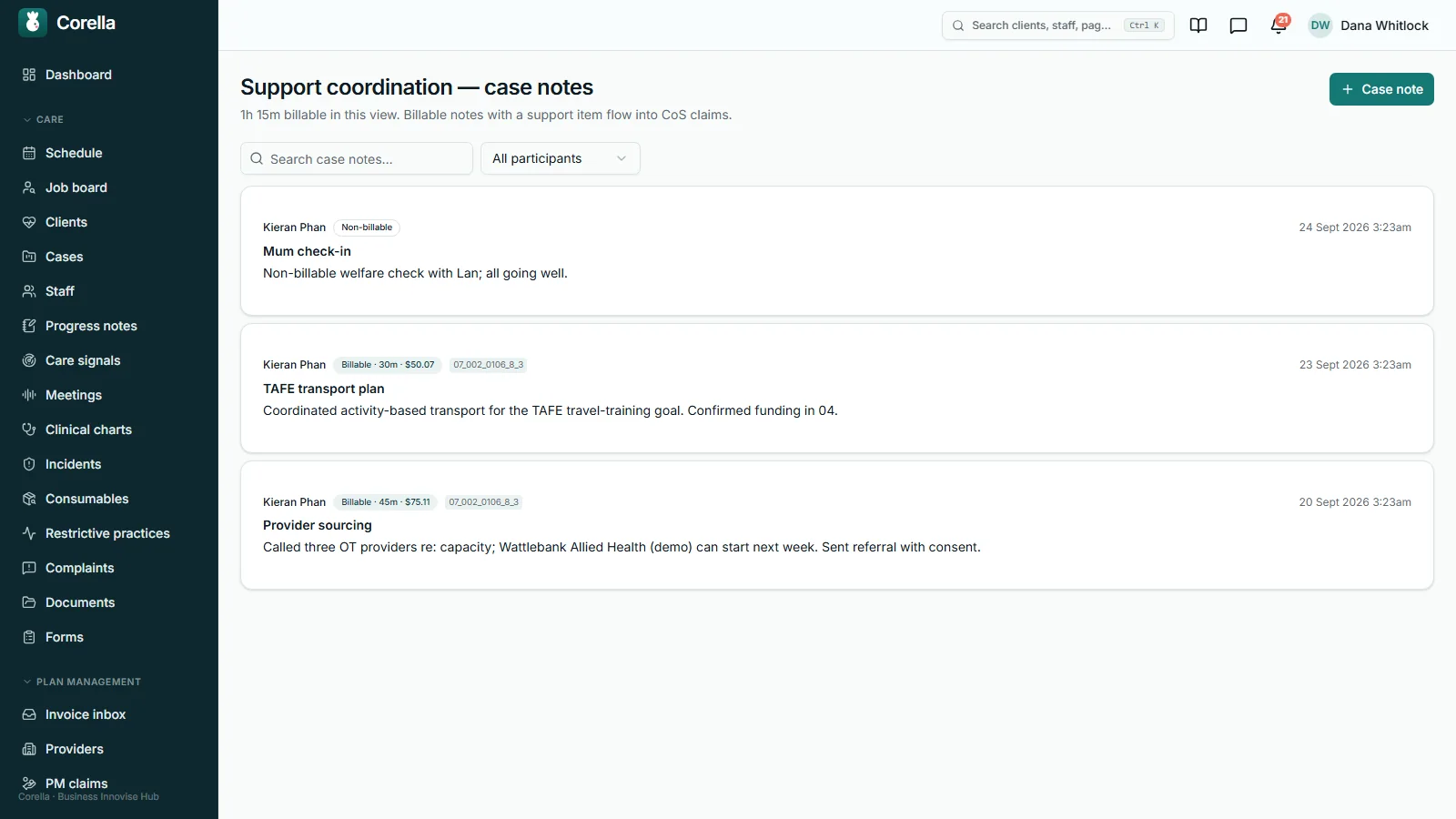 Support coordination case notes in the NDIS demo: an hour and a quarter billable in view, a non-billable welfare check, and two billable notes at Level 2 — 30 minutes priced at $50.07 and 45 minutes at $75.11
