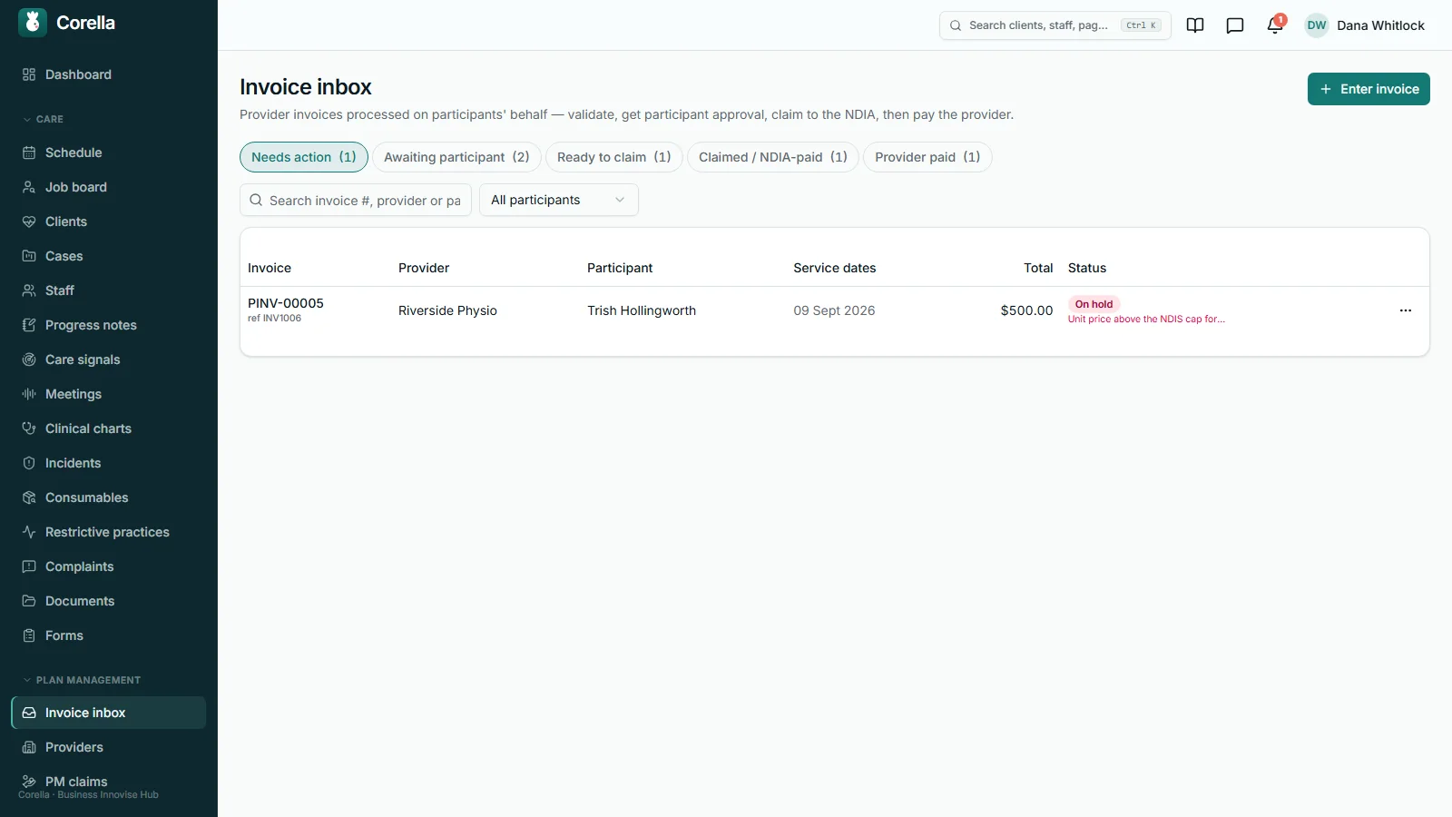 The plan-management invoice inbox in Corella