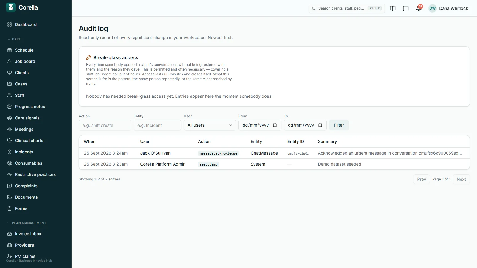 The audit log on the NDIS demo, headed 'Read-only record of every significant change in your workspace': the break-glass access panel, filters by action, entity, user and date, and the newest entries — a worker acknowledging an urgent message, and the demo data being seeded