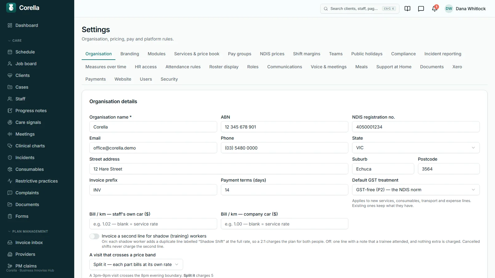 Settings, Organisation tab: invoice prefix, payment terms of 14 days, bill-per-kilometre fields for a staff member's own car and a company car left blank (blank means the service rate), and the switch for a second invoice line for shadow workers, turned off.