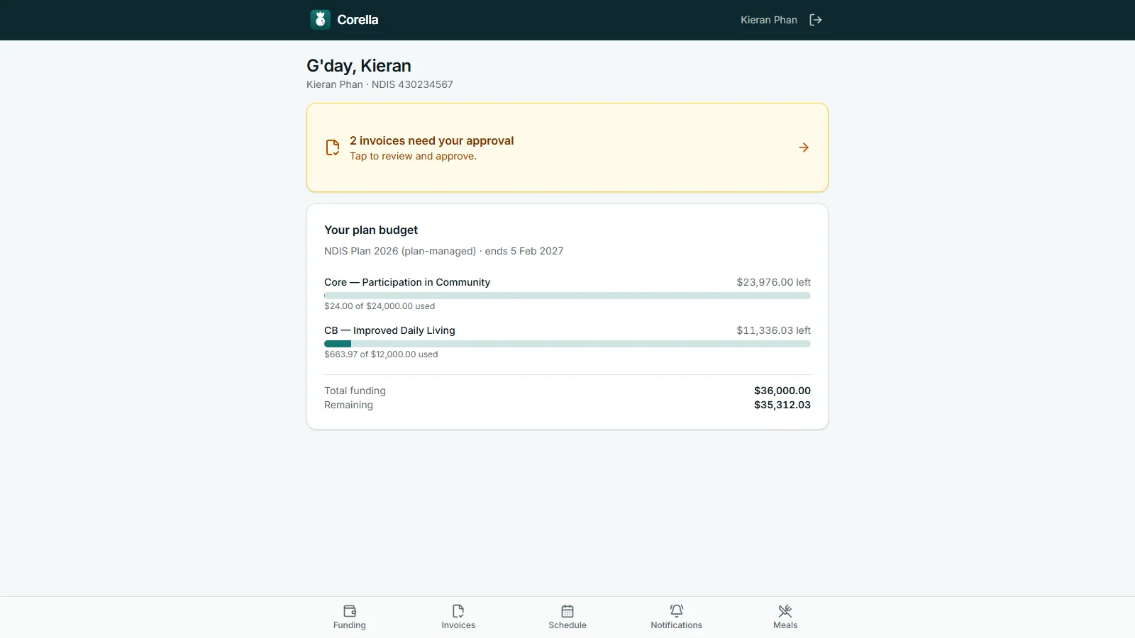 The participant portal's first screen on a demo account: a banner saying two invoices need approval, then the plan budget by category with the amount used and left