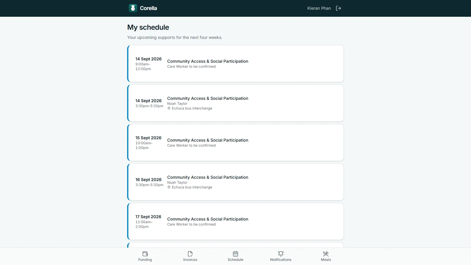 The portal's schedule on a demo account: supports booked over the next four weeks, some with a named worker and a meeting place, others reading Care Worker to be confirmed