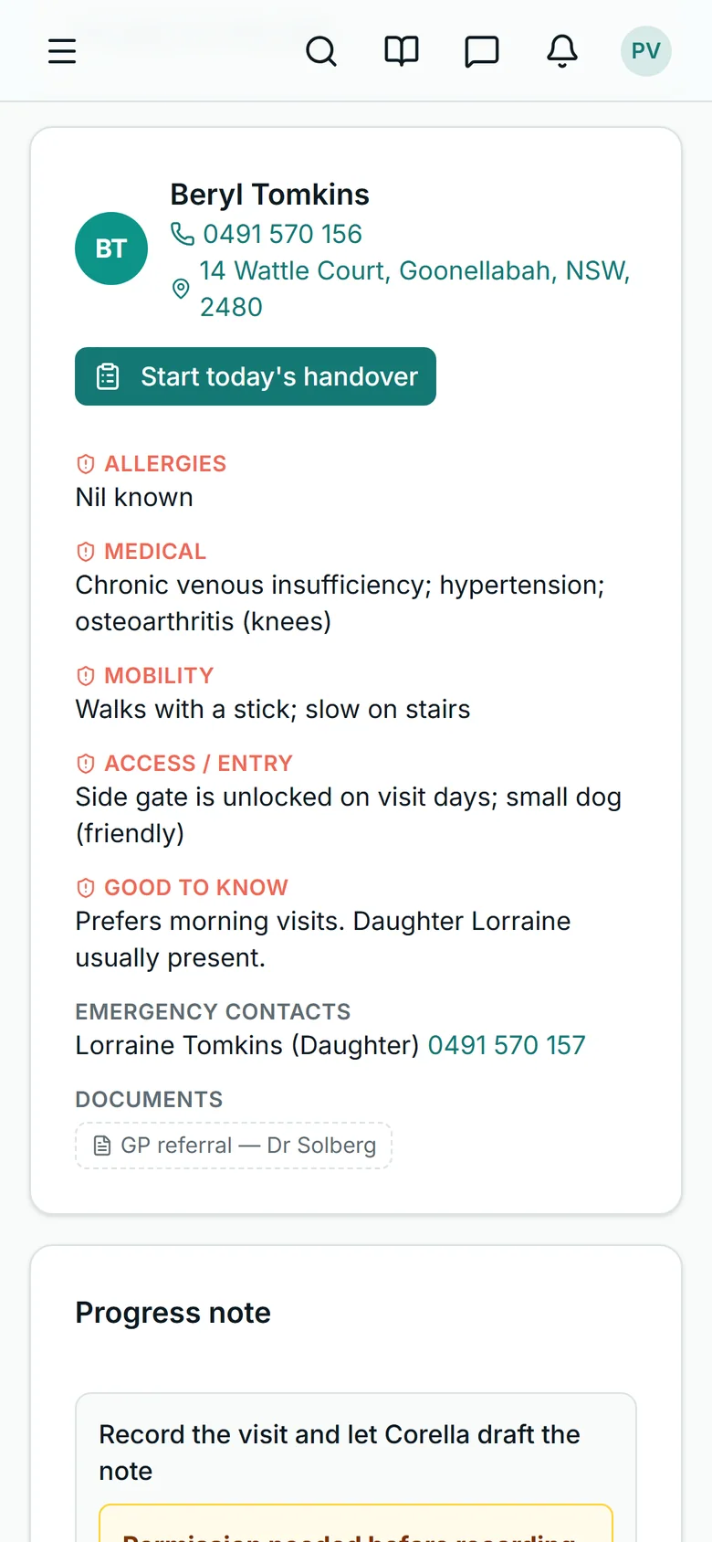 The patient's card on a nurse's visit screen, from the wound care demo: Beryl Tomkins with her phone number and address, allergies first, then medical, mobility, access and entry, good to know and an emergency contact; below it the start of the progress note card, where the visit scribe asks for permission before anything is recorded