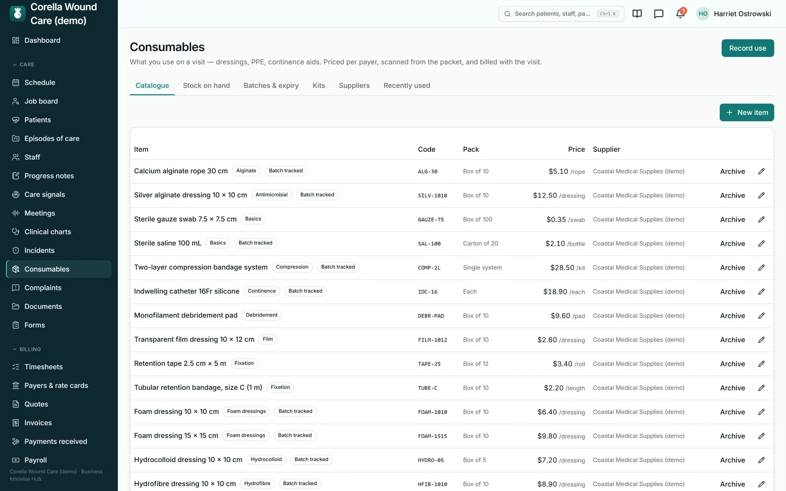 The consumables catalogue in Corella: dressings, bandages and a catheter, each with its code, pack size, price and supplier, most of them batch tracked