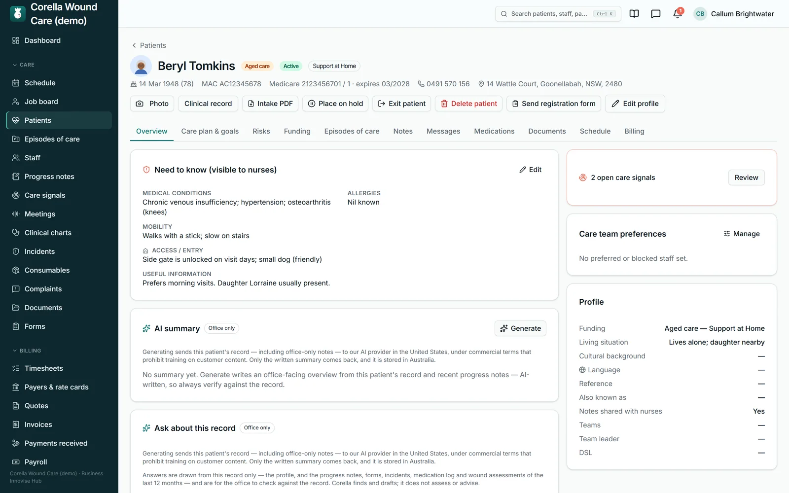 A patient's record on the wound care demo: the sidebar and the back link say Patients while the address reads /clients/ — Beryl Tomkins's overview, with her need-to-know notes, open care signals, care team preferences and profile