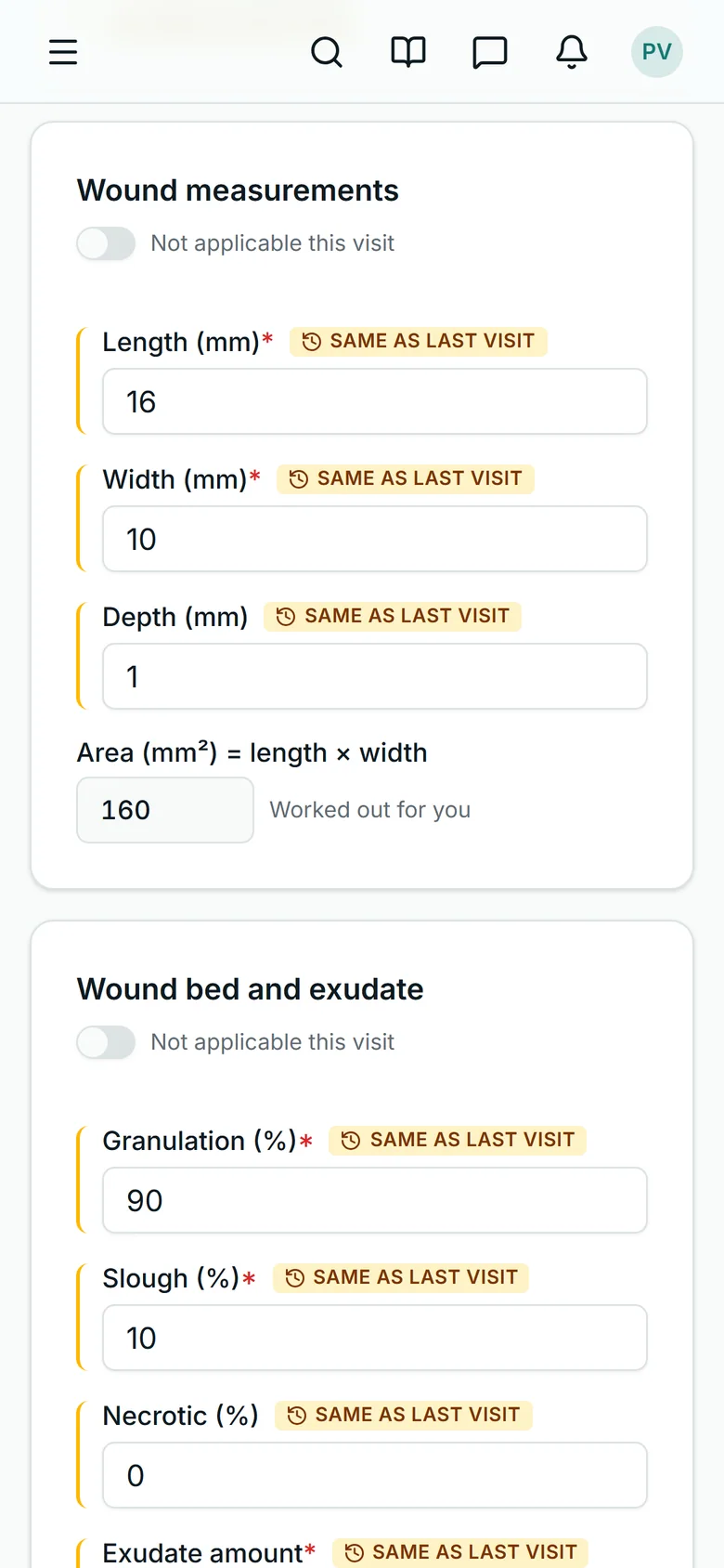 A wound care visit form on a phone: length, width and depth typed in millimetres, each marked Same as last visit, the area worked out as length times width, then the wound bed typed as percentages of granulation, slough and necrotic tissue