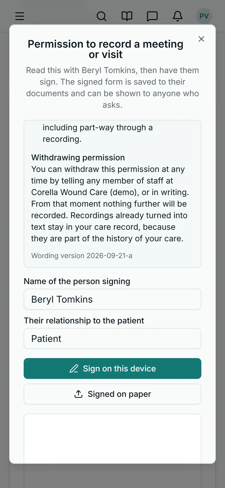 The end of the recording permission form on a nurse's phone, from the wound care demo: the versioned wording the patient agrees to, that permission can be withdrawn at any time, and that text already made from recordings stays in the care record, signed on the device or on paper