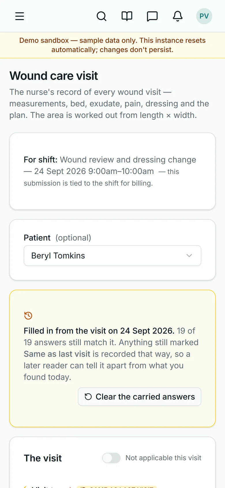 The top of the wound care visit form on a phone: tied to the shift for billing, the patient, and a notice that it was filled in from the previous visit — 19 of 19 answers still match — with a button to clear the carried answers