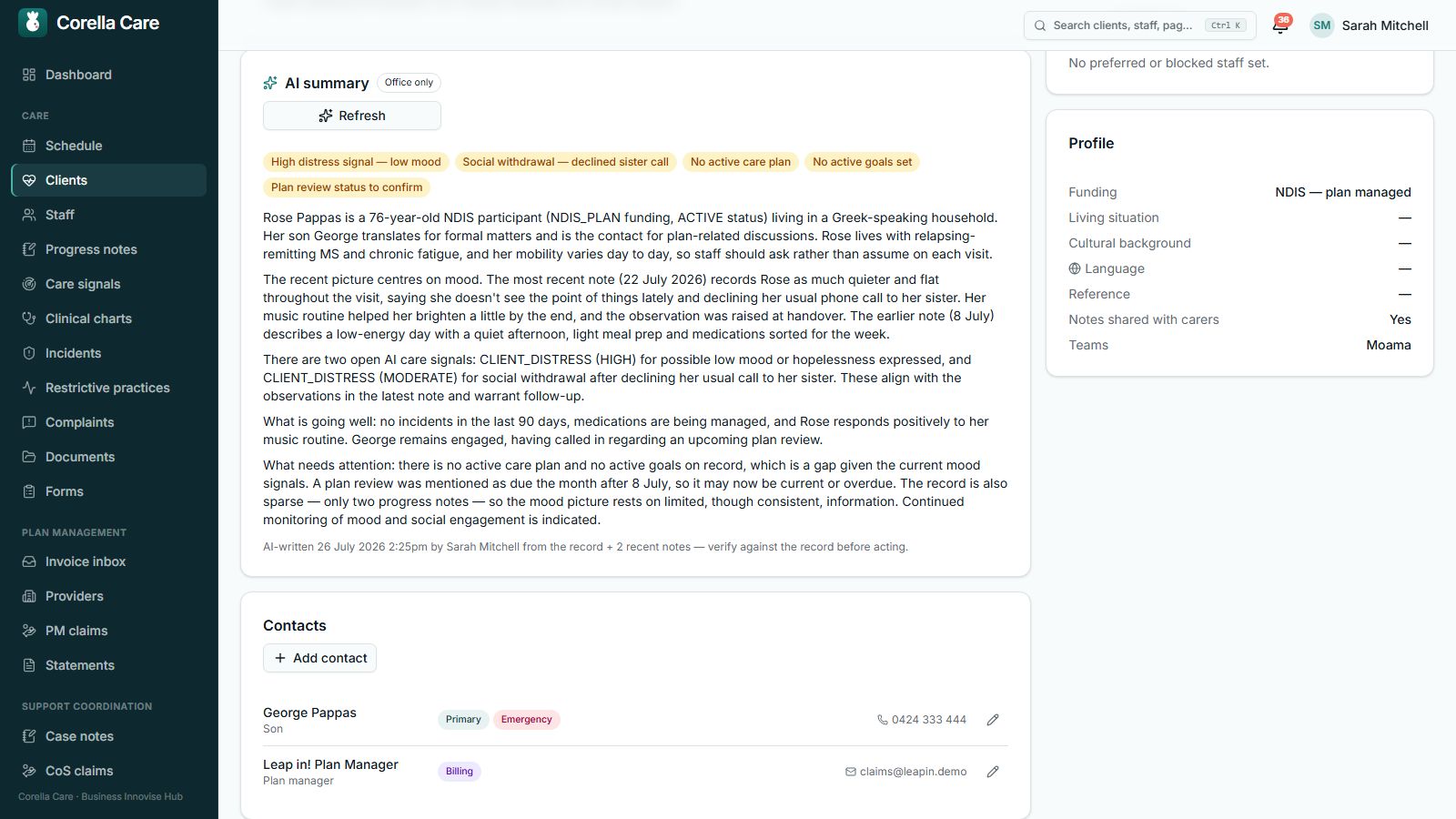 AI client summary with watch-item flags and a provenance footer stating who generated it and from how many notes