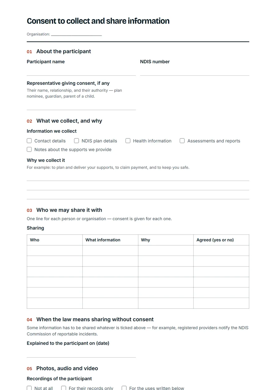 The first page of the consent form template, as it prints