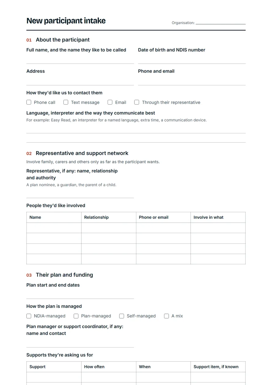 The first page of the intake form template, as it prints