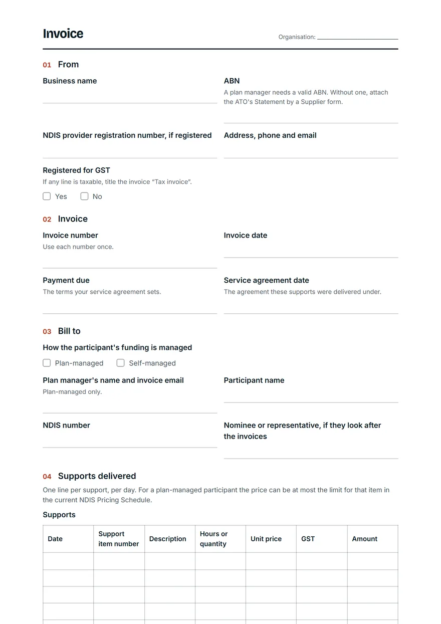 The first page of the invoice template, as it prints