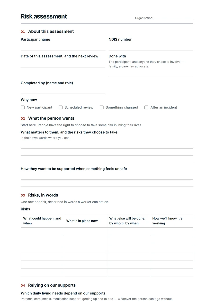 The first page of the risk assessment template, as it prints